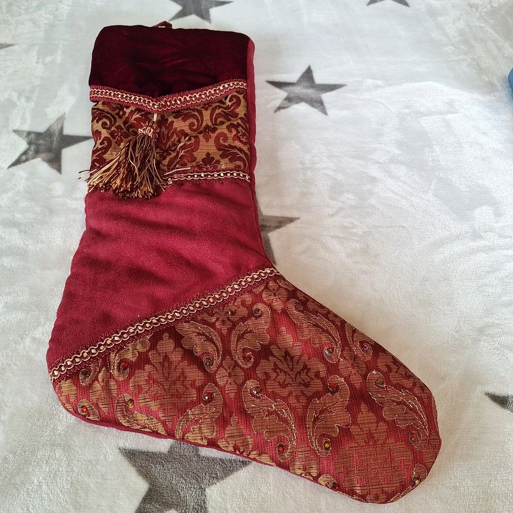 Red Velvet Christmas Stocking Gold Floral Brocade Tassel Beaded Features